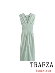 TRAFZA Vintage Chic Casual Sexy Women Dress Solid Light Green Sleeveless Folds V-Neck Long Vestidos Fashion 2024 Summer Dress