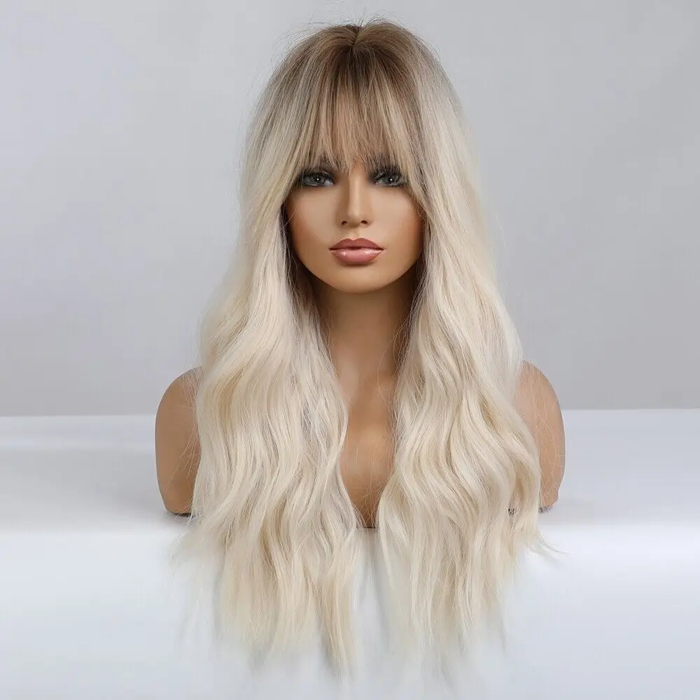 US Dark Brown Root Ombre Platinum Blonde White Wig For Women Long Wavy Women Wig