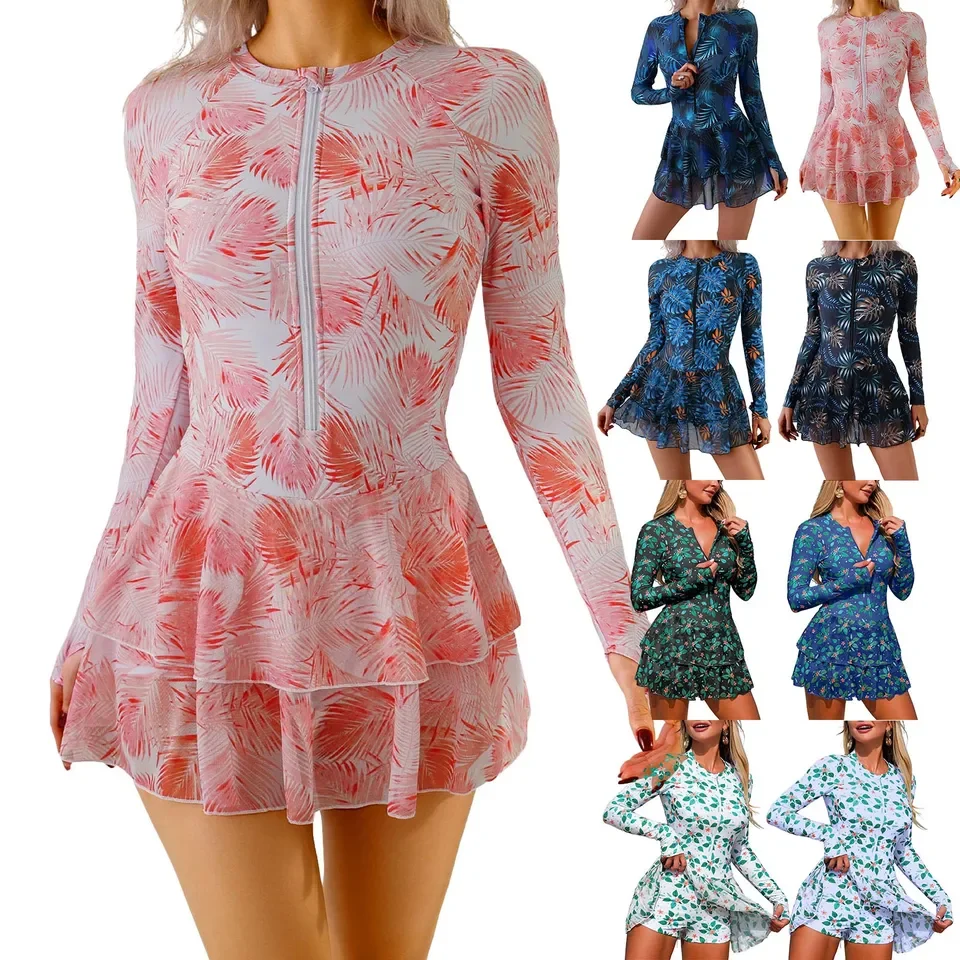 Women 1 Piece Swimsuit Lady Girls Zip Long Sleeve Color Block Print Athletic Swimwear Costume Dress Padded Sexy Bikinis