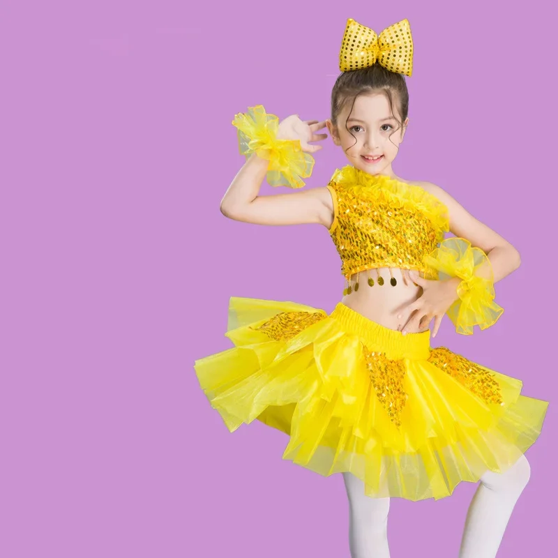 Traje de palco de dança infantil para meninas, trajes modernos de dança jazz, roupas de lantejoulas para salsa, trajes de dança contemporânea