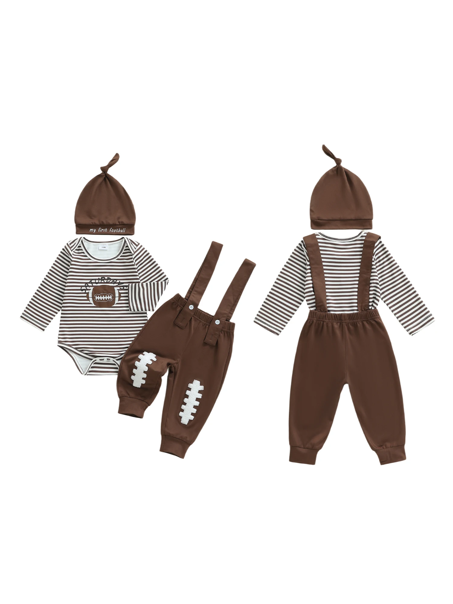

Baby Boy Outfit Long Sleeve Stripes Rugby Romper with Overall Pants and Hat Infant Outfit
