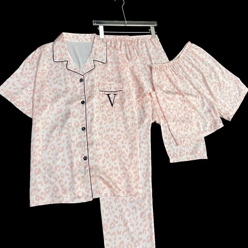 Pink Leopard Three-piece Set Pajamas for Women Y2k 2024 New Classy Spring Female Sleepwear Short Sleeve Fashion Casual Homewear