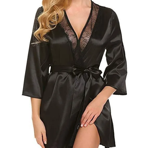 

Women Sexy Lace Satin Robe Sleepwear Short Nightgown Kimono Bathrobe Lingerie Nighty Dress Soft Comfortable Black Plus Size