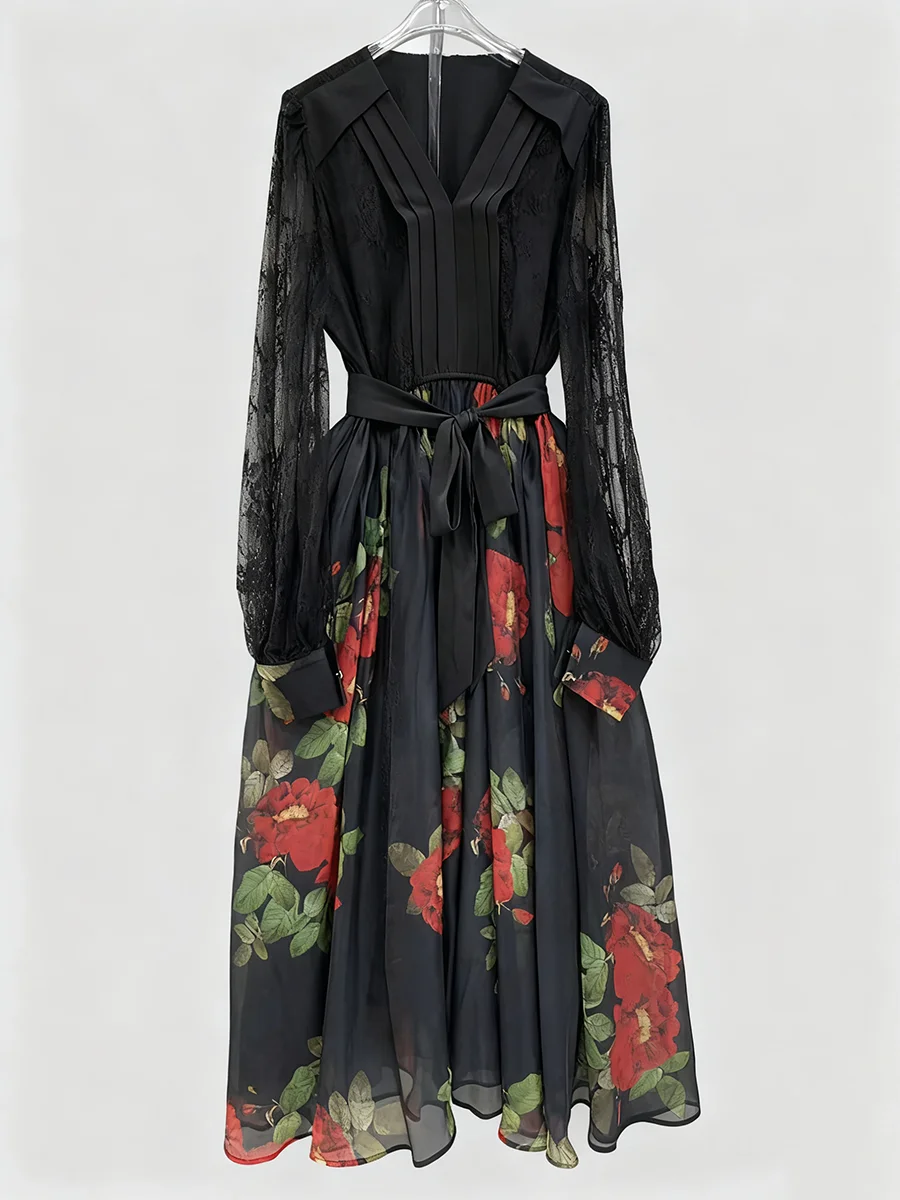 TWOTWINSTYLE Stampa Sheer Impiombato Lace Up Abiti eleganti per le donne Scollo a V Maniche lunghe Vita alta Abito casual Moda femminile