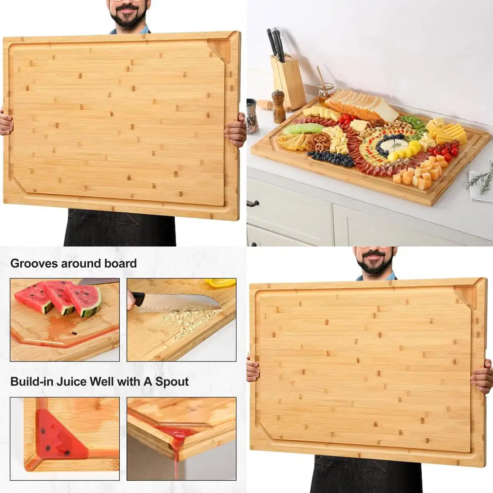 

Large Bamboo Chopping Board with Handle, Juice Groove & Stove Cover, Ideal for Kitchen and Charcuterie