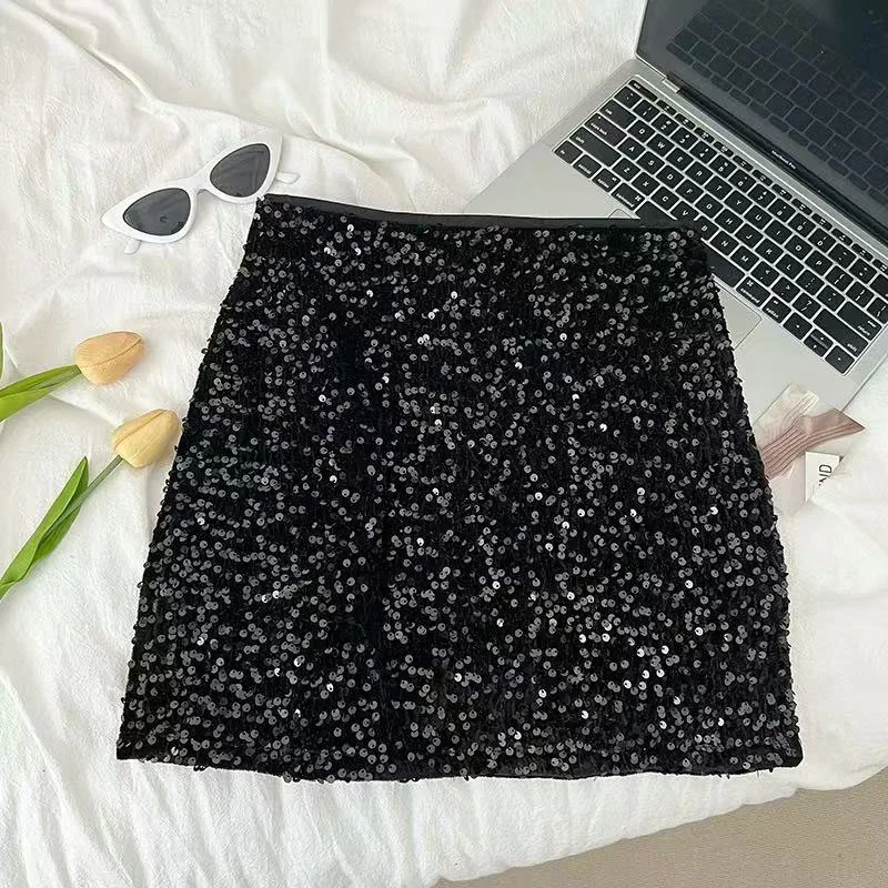 Fashion Sequin Decorate Women Mini Skirt Y2K High Waist Korean Office Lady Casual A Line Skirt Elegant Hepburn Style Party Skirt