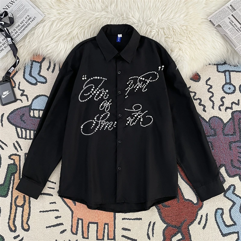 

Loose Fit Long Sleeve Letter Design 3D Button up Shirt for Men Korean Style Black Versatile Casual Shirt Youth Fashion