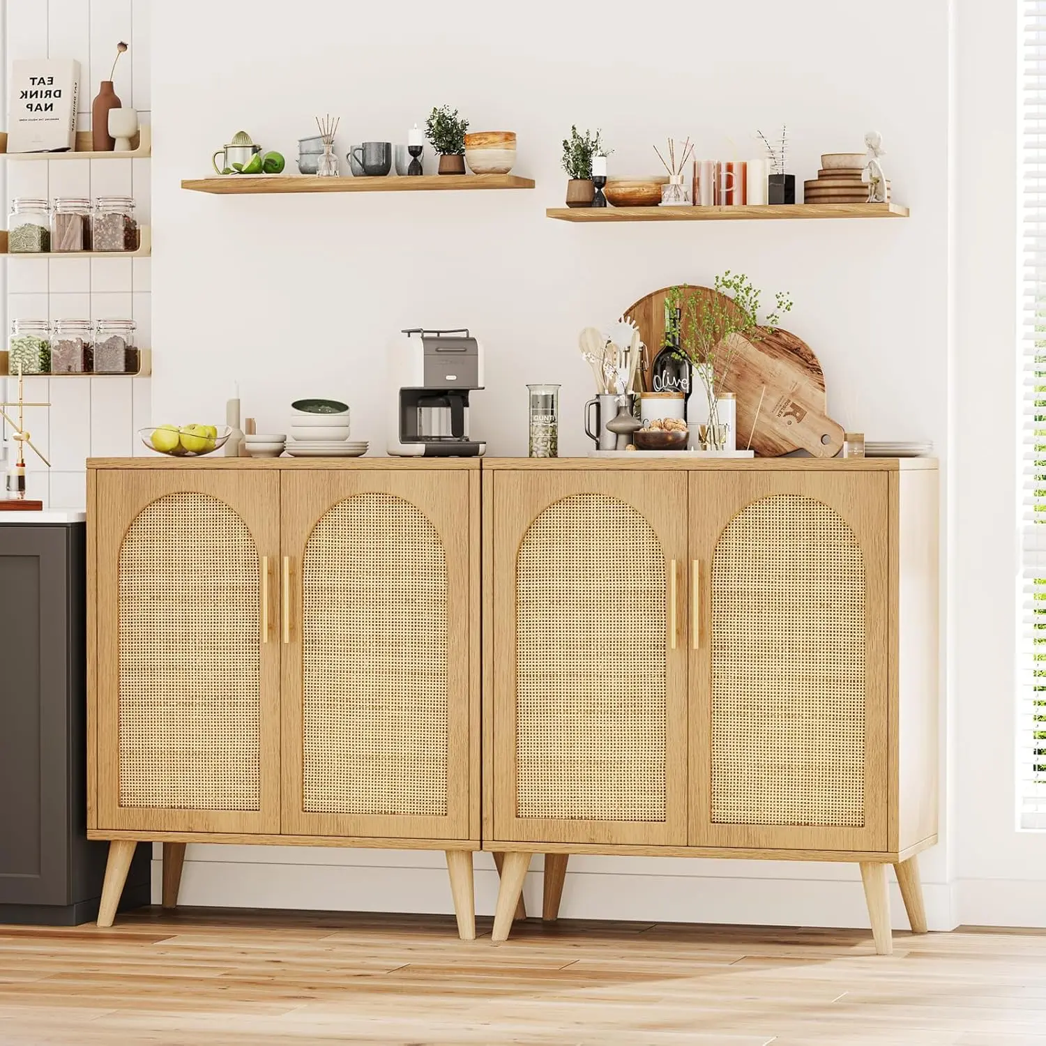 Rovaurx-Armário de Armazenamento Rattan com Portas, Accent Armário de Banheiro, Aparador Moderno, Buffet Cabinet for Living, Conjunto de 2