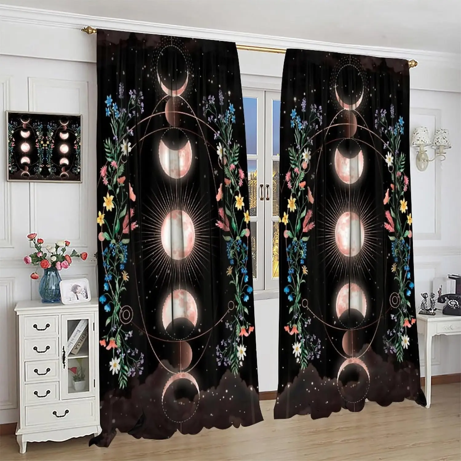 Floral Moon Phase Blackout Window Curtain Vintage Spring Botanical Starry Sky Stars Leaves Flowers Natural Art for Home Kitchen