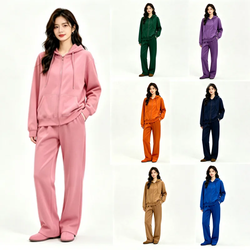 Women's New Pink Cotton Tracksuit Summer Fashion Two Piece Set with Zipper Pants And Hood Classic Red Tracksuit for Women