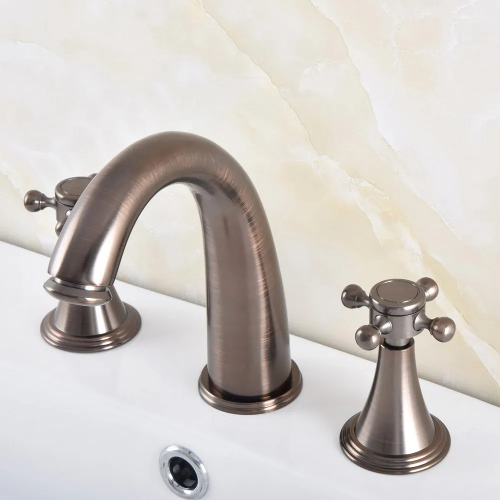 

Brown Antique Brass Widespread Deck-Mounted Tub 3 Holes Dual Handles Bathroom Tub Sink Basin Faucet Tap mnf586