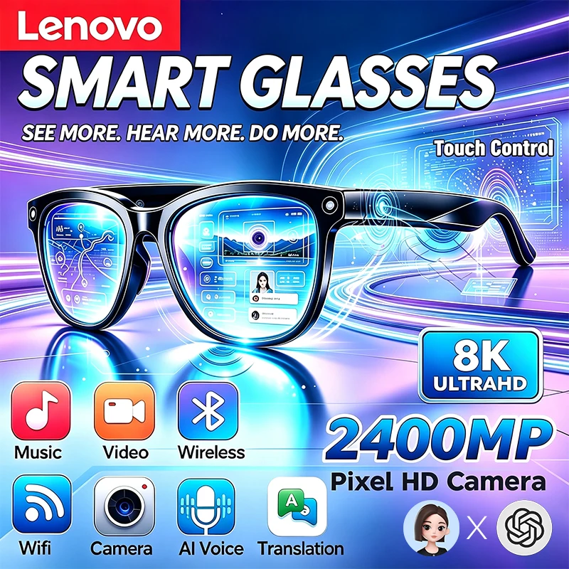 Lenovo AI Smart Glasses 2400MP HD Touch Control Camera AI Translation Calling Chat Logging Music Play Smart Sunglasses for Men