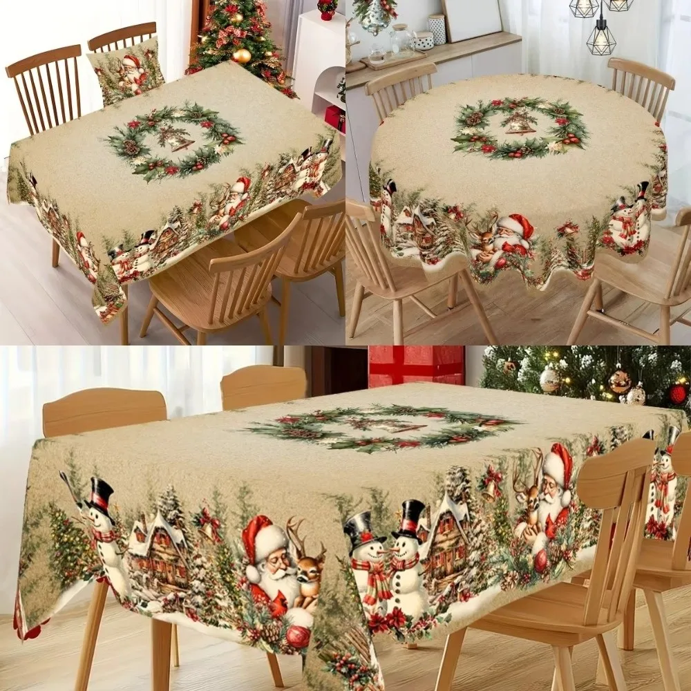 Retro Polyester Christmas Tablecloth Round/Rectangle Santa Claus Print Holiday Table Decor Xmas Tablecloth New Year Celebration