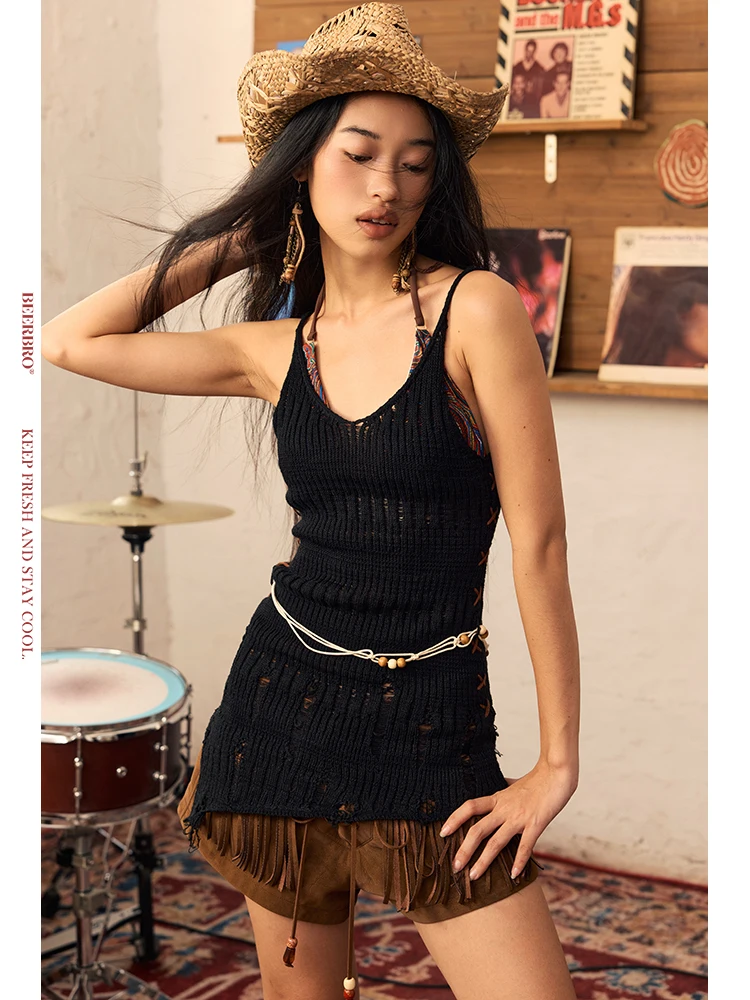 

BeerBro Music Festival Exclusive Western Stereo Disloion Structure Hole Punch Sweater with Belt Street Sle Slim Fit or...