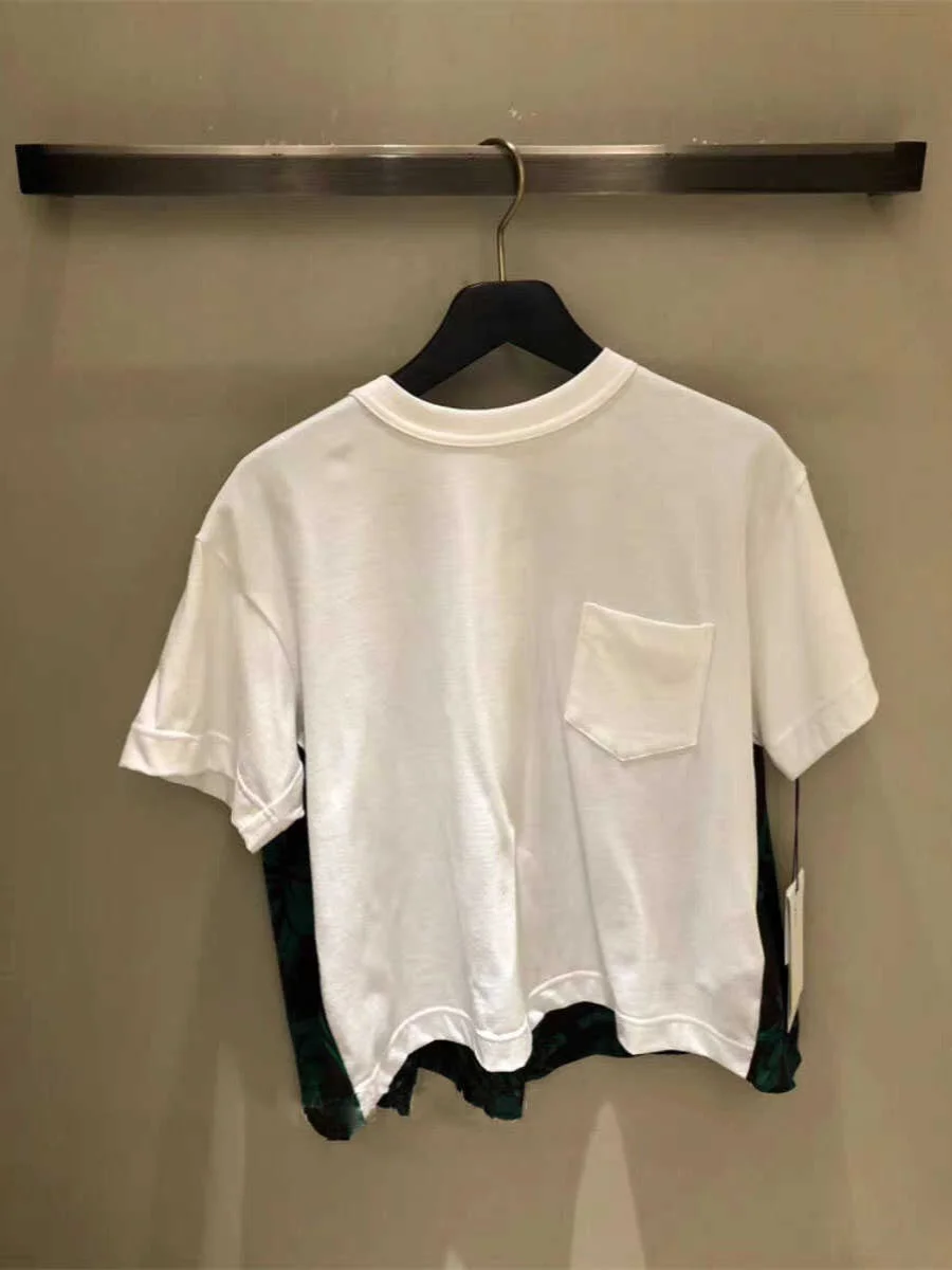 

FOG SACAI Japanese Sle Cotton T-irt Spring Summer New Floral Patchwork ort Sve Women's Casual round Ne Top