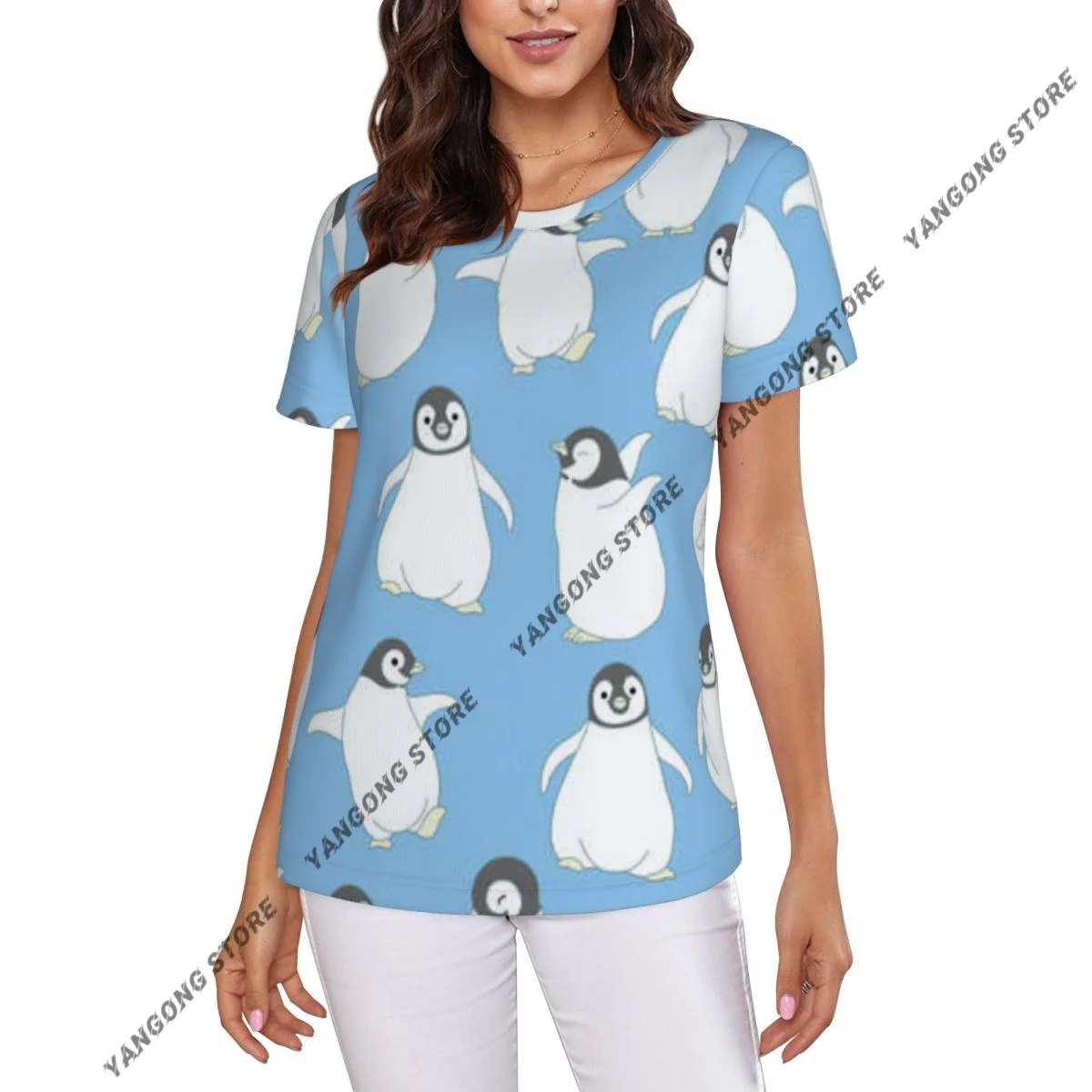 T Shirt Women Penguin Pattern Tee Shirt Casual Round Neck Short Sleeve Streetwear Female T-Shirt