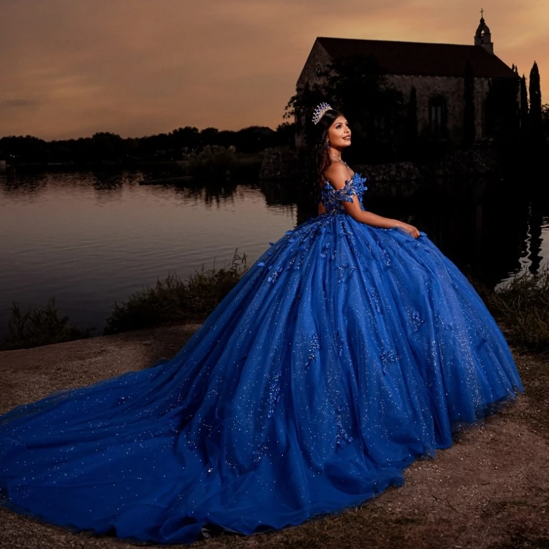 Royal Blue Shiny Quinceanera Dresses Off Should Applique Beads Tulle Ball Gown Party Birthday Sweet 16 Dress customized Vestido