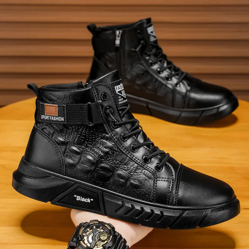 Men's Chelsea Boots British Style High Top Solid Color Comfortable Work Boots Fashion Outdoor Casual Shoes Lace-up Ankle Boots