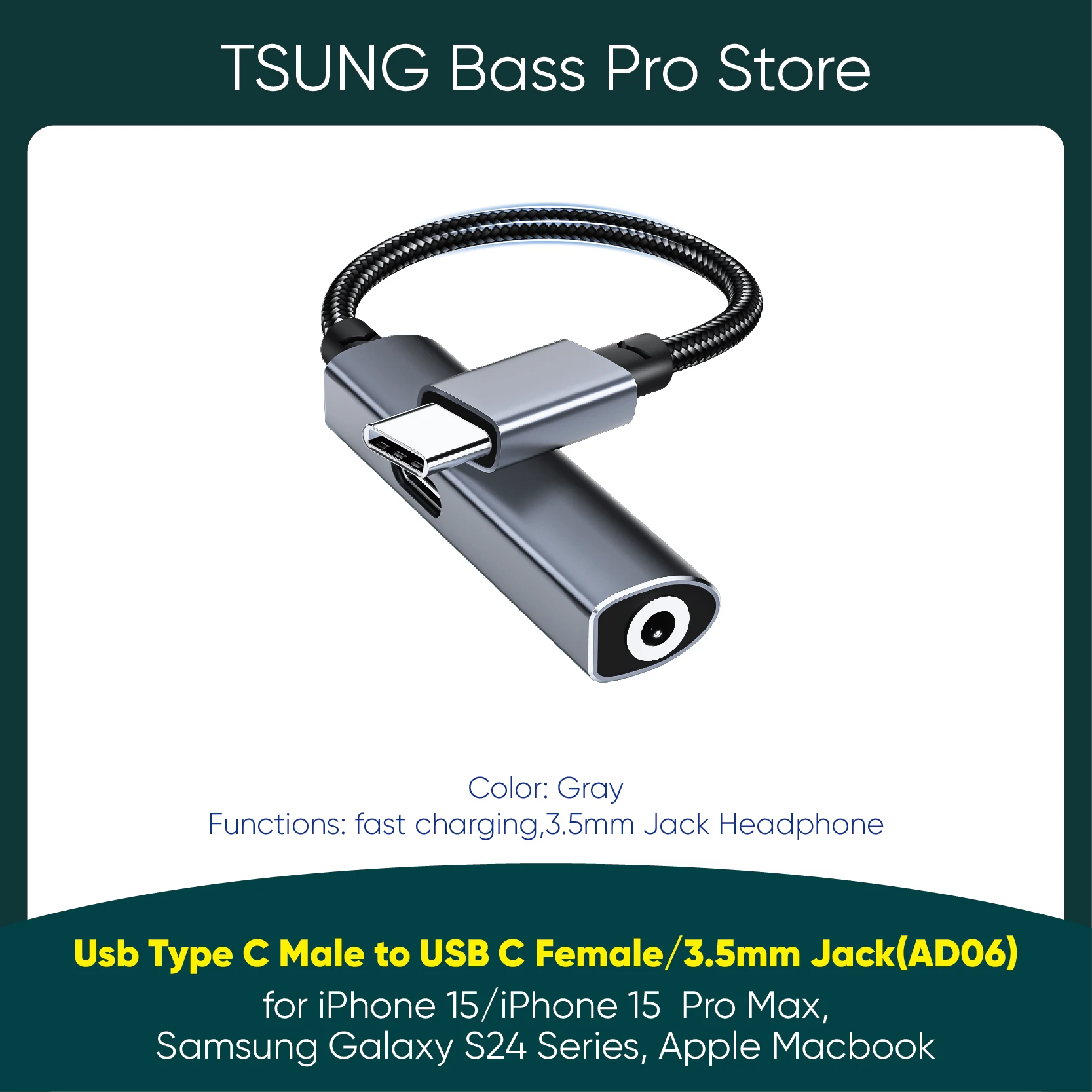 Auriculares 2 en 1 Tipo C a 3,5 yact, hi-res, Usb C hembra, USB C a Aux con Dongle de carga para iPhone 15 Pro Max, Galaxy 24 23