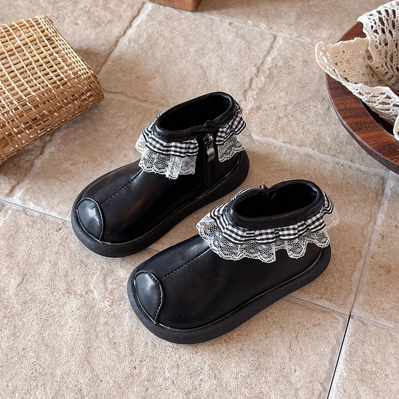 JGSHOWKITO Winter Girl Lace Trim Plush Boots Soft Side Zipper Children Ankle Boots Retro Plaid Ruffle Kids Princess Cotton Boots