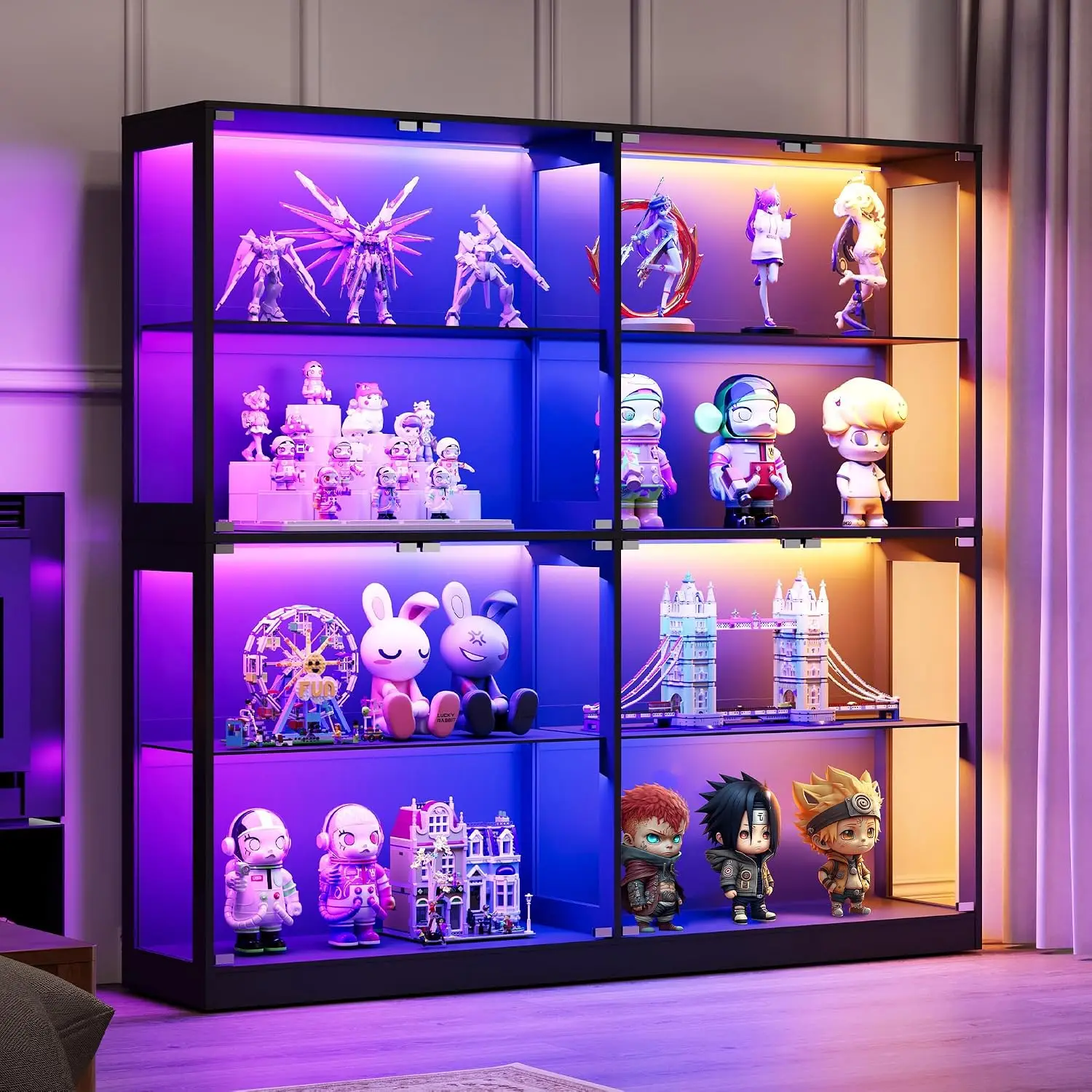 4-Tier Storage, Adjustable Shelves, MDF and Tempered Glass, RGB Lights, for Collectibles, Black
