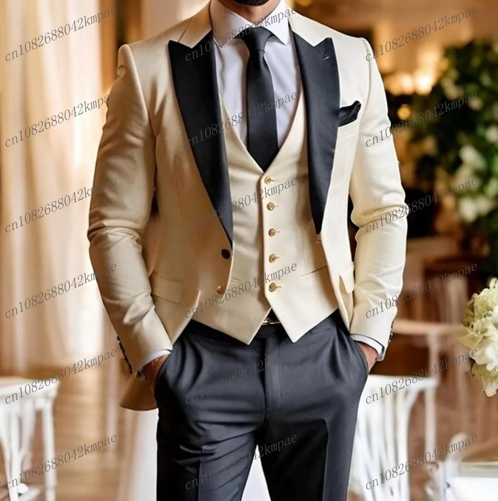 

New Champagne And Black Business Formal Men Suit Groom Groomsman Wedding Party Prom Male Tuxedos 3 Piece Set Blazer Vest Pants
