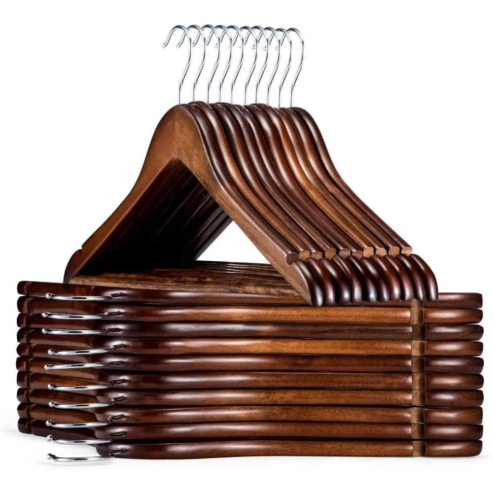 Treinta Perchas Resistentes de Madera Maciza con Acabado Liso, Barra Antideslizante para Pantalones y Gancho Giratorio 360°