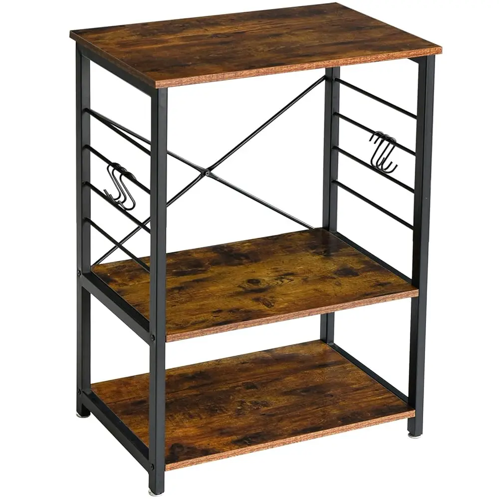 

Standing Baker'S Racks, 3-Tier Kitchen Microwave Oven Stand With Metal Frame And 6 Hooks, Multifunctional Coffee Bar Table For