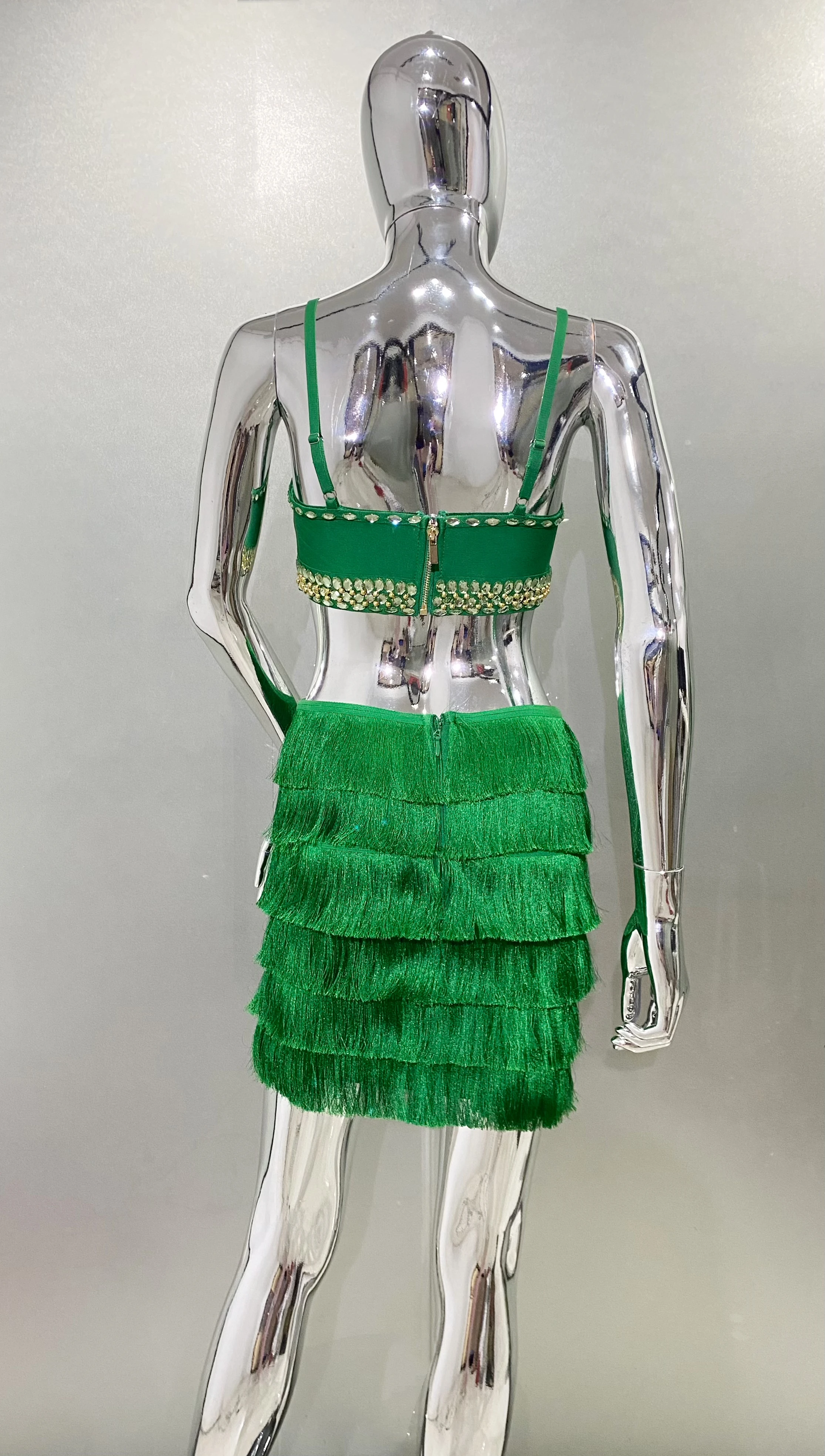 2024NEW Summer Green Split Mini Dress Sexy Fashion Women Pleated Fringe A-line Dress Before The Party