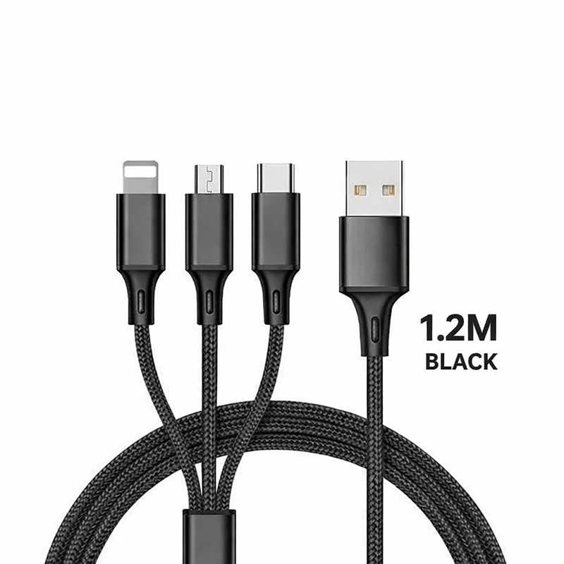 3-in-1 snellaadkabel voor iPhone, Xiaomi, USB-C, Micro USB, 1,2 m multi-poort USB-oplaadkabel voor telefoons, tablets en apparaten