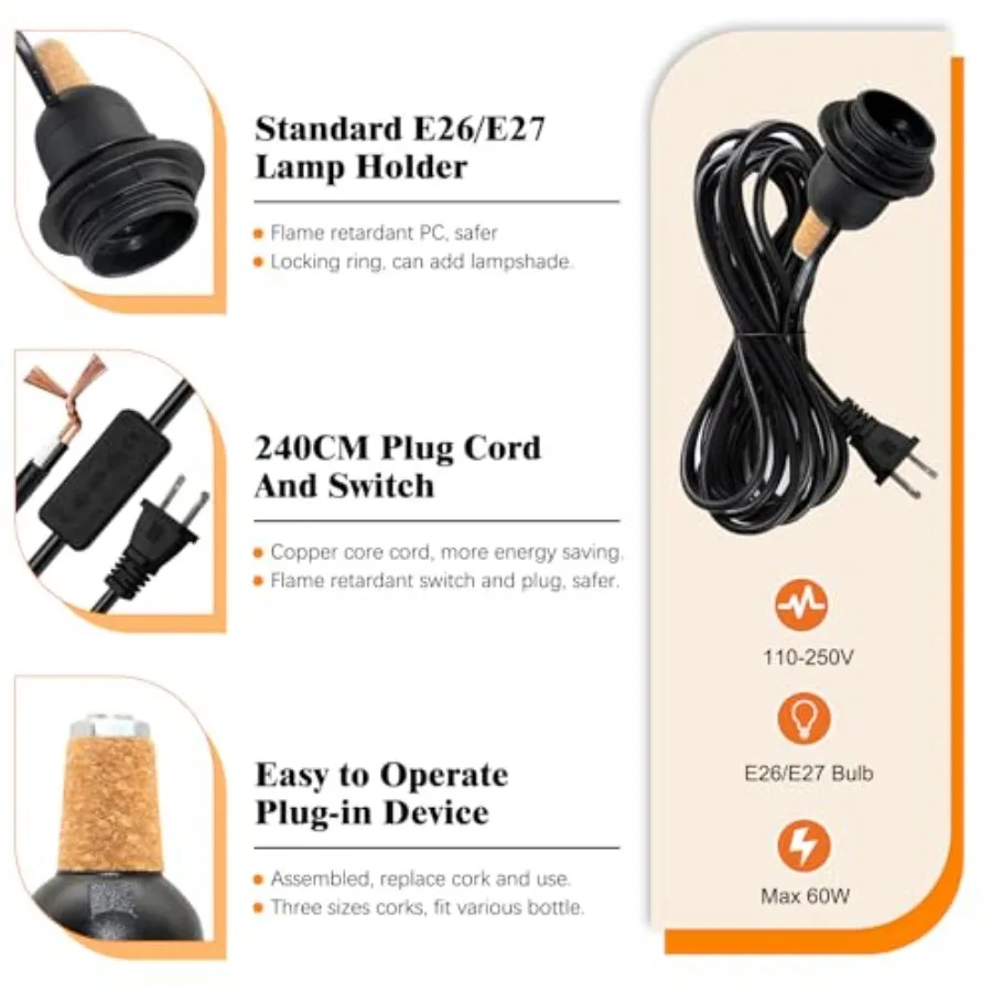 Adaptor Kit, 2 Pack Kits, Black DIY Lamp Fittings Kit for Table Lamp, E27 Light Bulb Adapter with 8 Feet Plug in Cord, E26 Wine