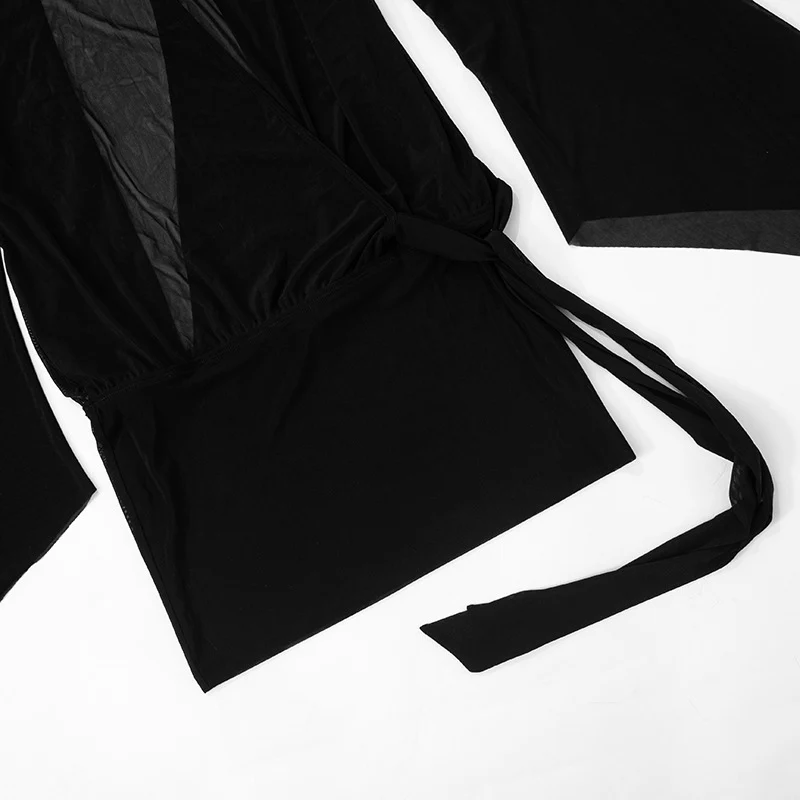 فستان عيد ميلاد نسائي مثير شبكي شفاف بأكمام طويلة على شكل جناح الخفّاش وفتحة رقبة على شكل حرف V عميقة وأربطة بدون ظهر فستان قصير للحفلات والنوادي الليلية