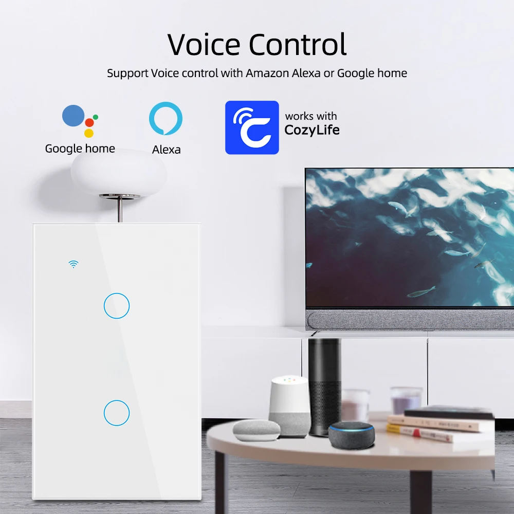 US WiFi Smart,Touch Light Switch,Works with Alexa Google Home,Neutral Wire Required,1/2/3 Gang,100-240V,CozyLife App Control image 2