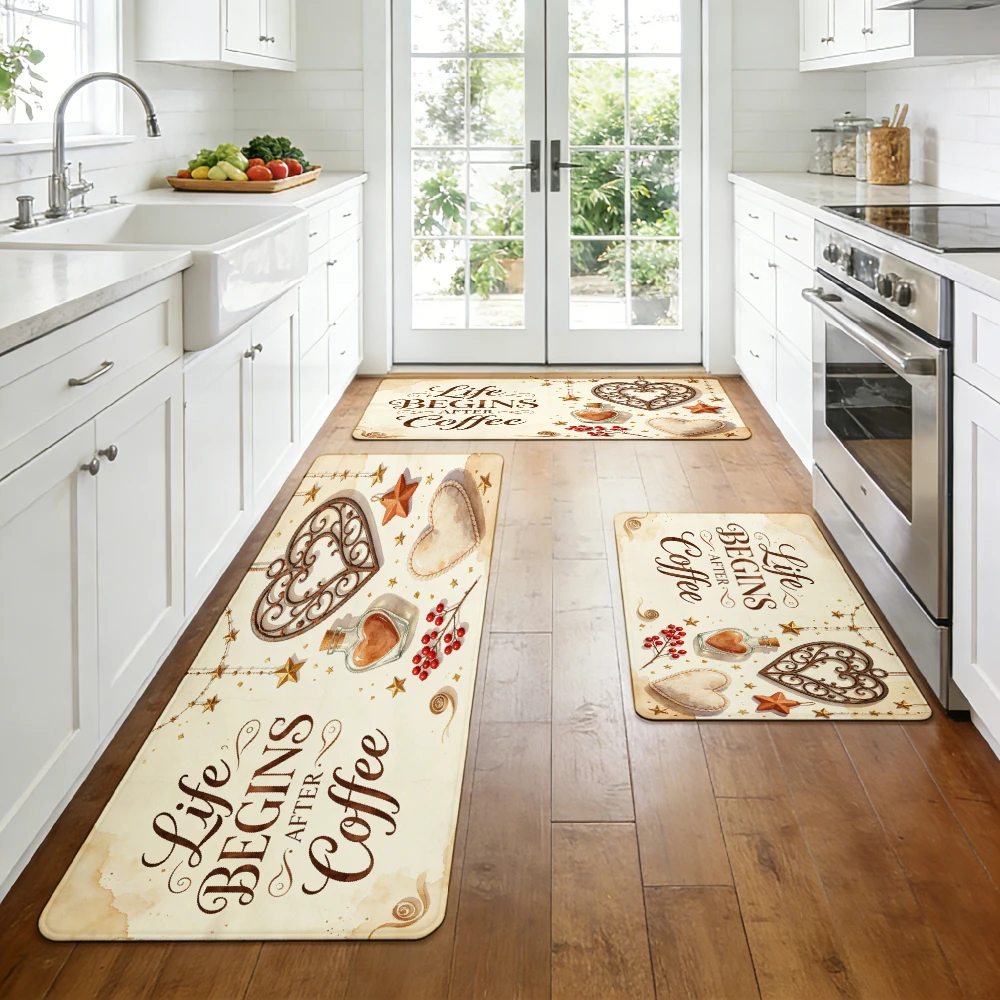 Beige Retro Heart Star Coffee Runner Mat Anti Slip Absorbent Rug Life After Coffee Print Carpet for Bath Cooking Laundry Room