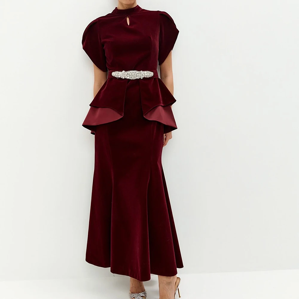 

Women's A-line Evening Dresses Ankle-length High-neck Short Sleeve Prom Gown Fashion Crystal Sashes Draped Customized Gown