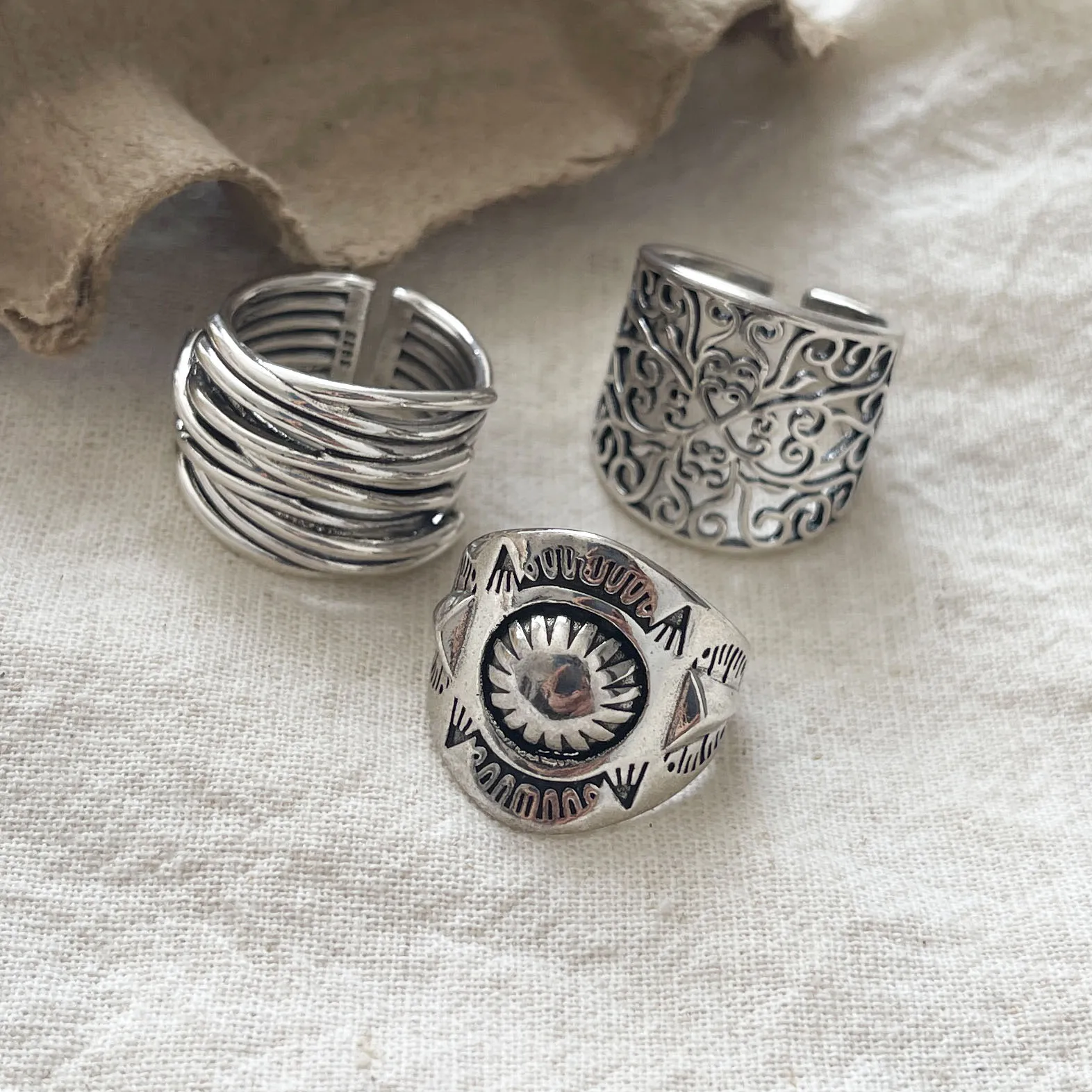 925 Sterling Silver Rings For Women Geometric Fine Jewelry Finger Adjustable Retro Flower Hollow Ring For Party Birthday Gift gallery 3