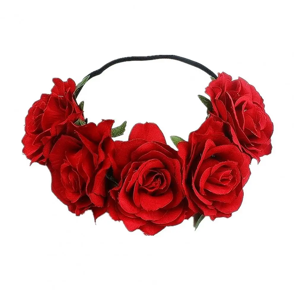 Rose Flower Crown Elegant Women Headband Handmade Hair Hoop 5 Artificial Roses Elastic Bohemia Style Hair Hoop Hair Accessory