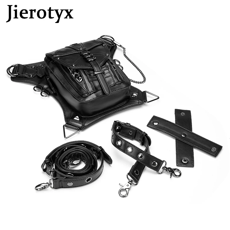 Jierotyx preto bolsa de cintura de couro para mulher steampunk retro rock gótico sacos de peito pacote feminino perna estilo vitoriano