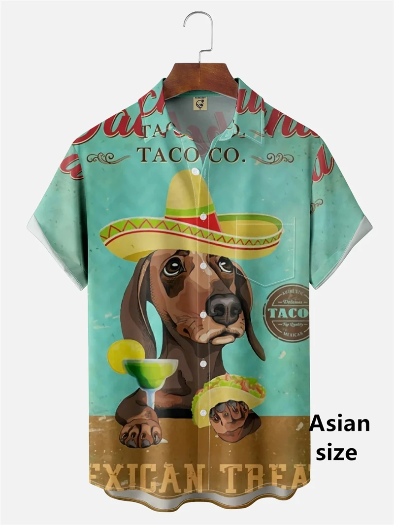 Funny Cartoon Hot Dog Dachshund Graphic Shirts Men Women 3d Printed Casual Vacation Hawaiian Short Sleeve Shirts Button Blouse view 4