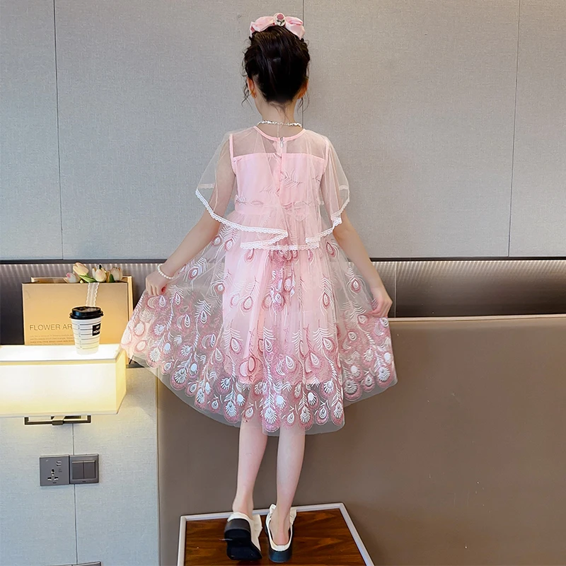 2024 new fashion summer girls' phoenix-tailed gauze princess dress comfortable breathable fabric foreign girl party dress.