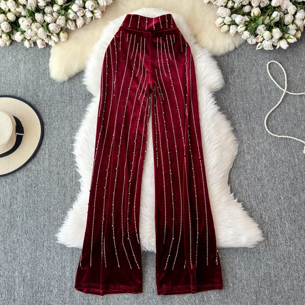 Casual Vintage Striped Rhinestone High Waist Loose Velvet Wide Leg Pants Fashion Streetwear High Street Autumn Winter Clothing