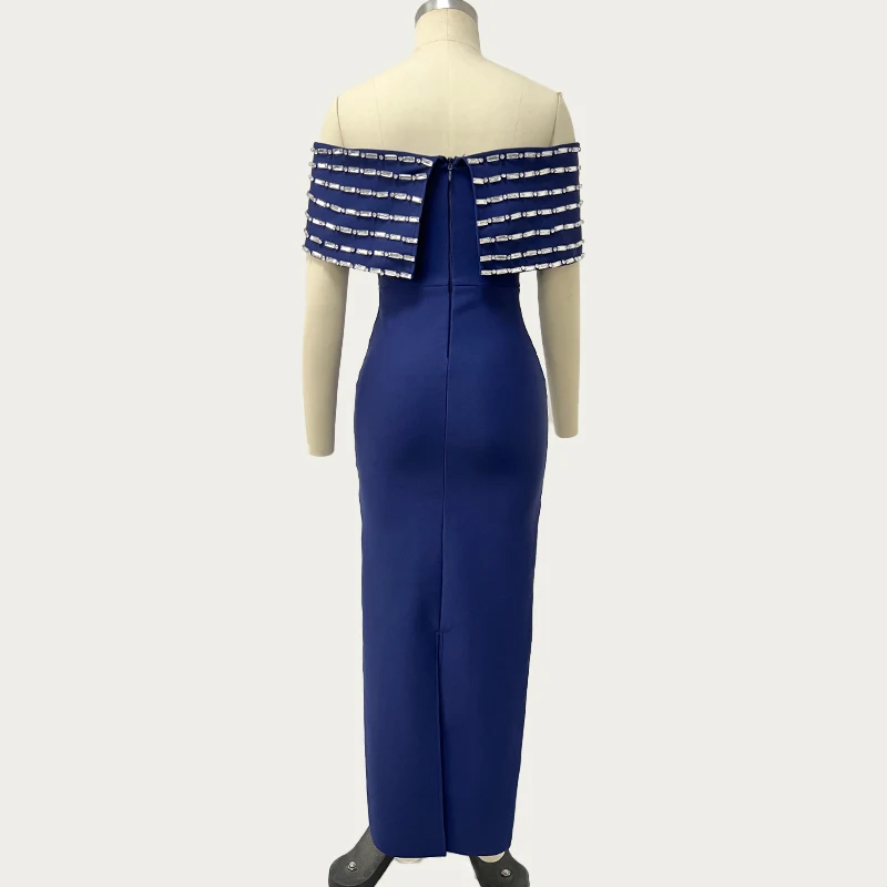 Nieuwe blauwe kleur vrouwen sexy slash hals uit de schouder stralende kristallen bodycon lange bandage jurk elegante avondfeest outfit