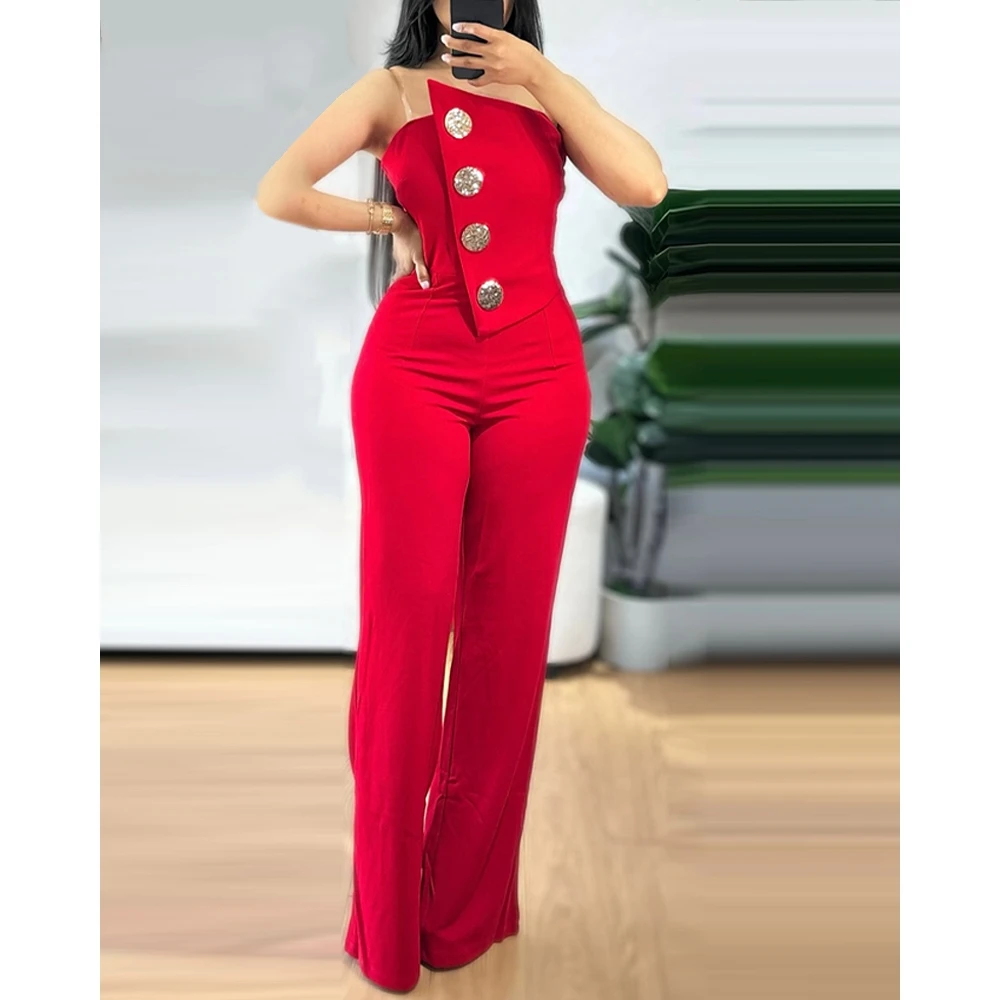 Overall Woman Fashion Asymmetrical Bandeau Strapless Jumpsuit Metal Button Front Decor Casual Overalls Club Outfits