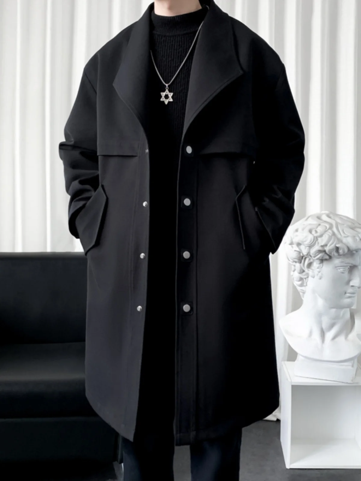 

Ele Men's Long Overcoat Mid-Length Casual Coat Briti Sle Knee-Length Turn-down Collar Spring Autumn New Design