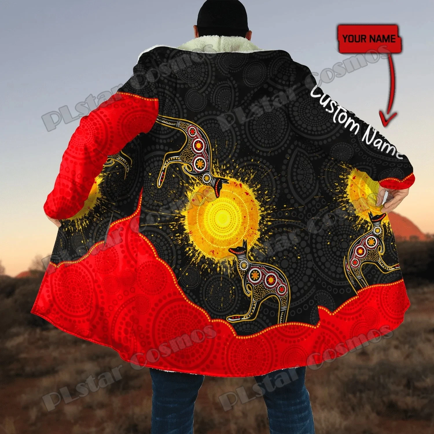 Personalized Aboriginal Lizard Brown Orange Dot Pattern 3D Printed Men's Hooded Cloak Unisex Winter Fleece Warm Cloak coat PZY08
