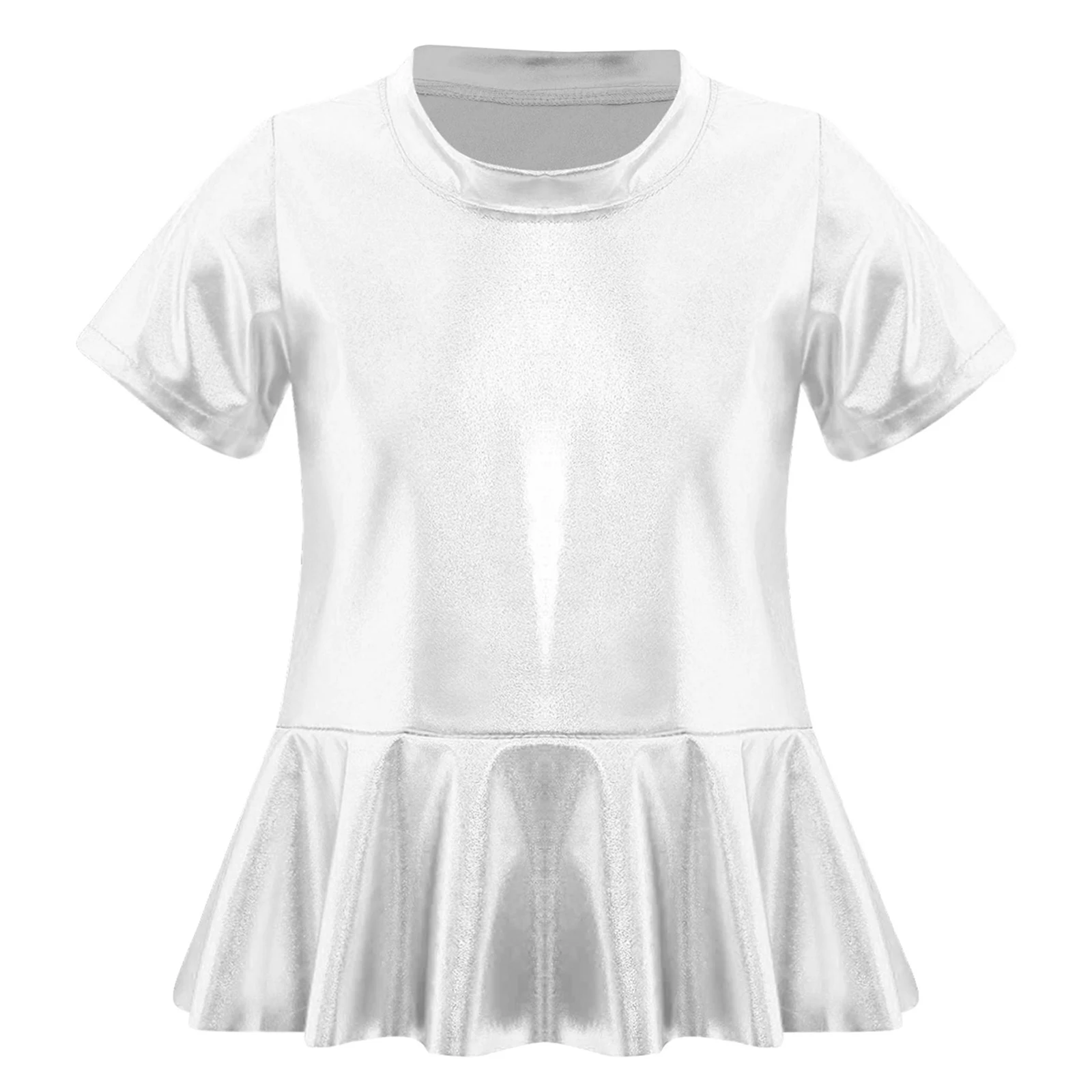 

Kids Girls T-shirt Shiny Metallic Cheerleading Jazz Dance Top Stage Performance Costume Round Neck Short Sleeves Peplum Tees Top