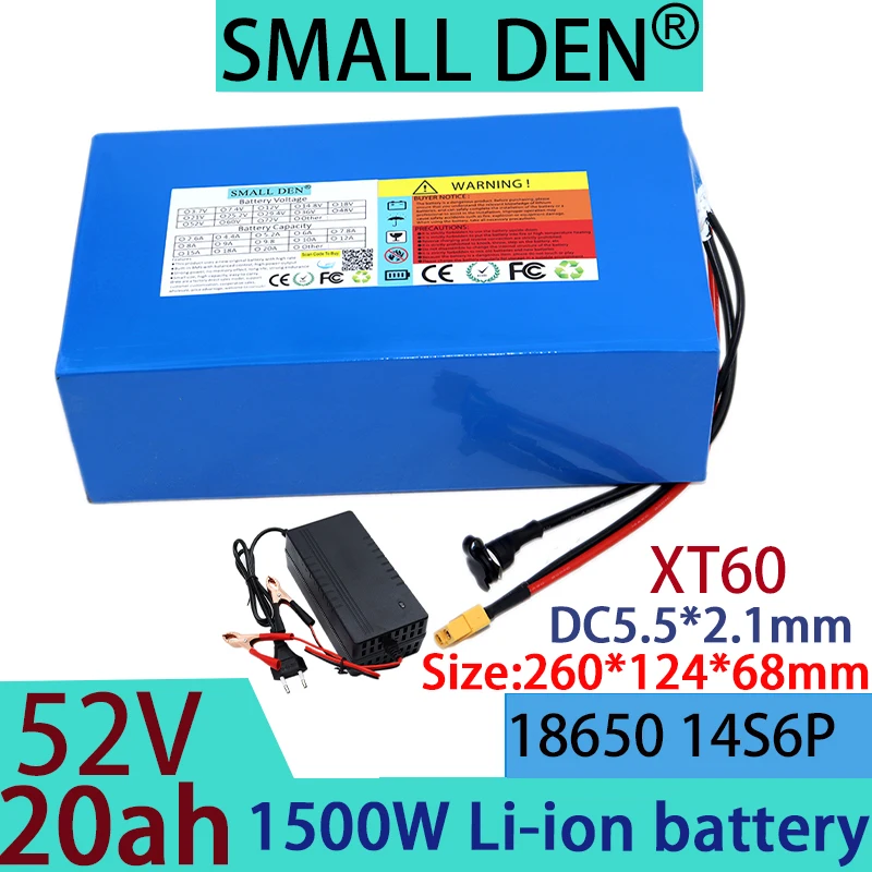 New 52V 20Ah 1865014S6P lithium-ion battery pack 1500W electric tool battery outdoor backup battery BMS+58.8V 2A3A 5A charger