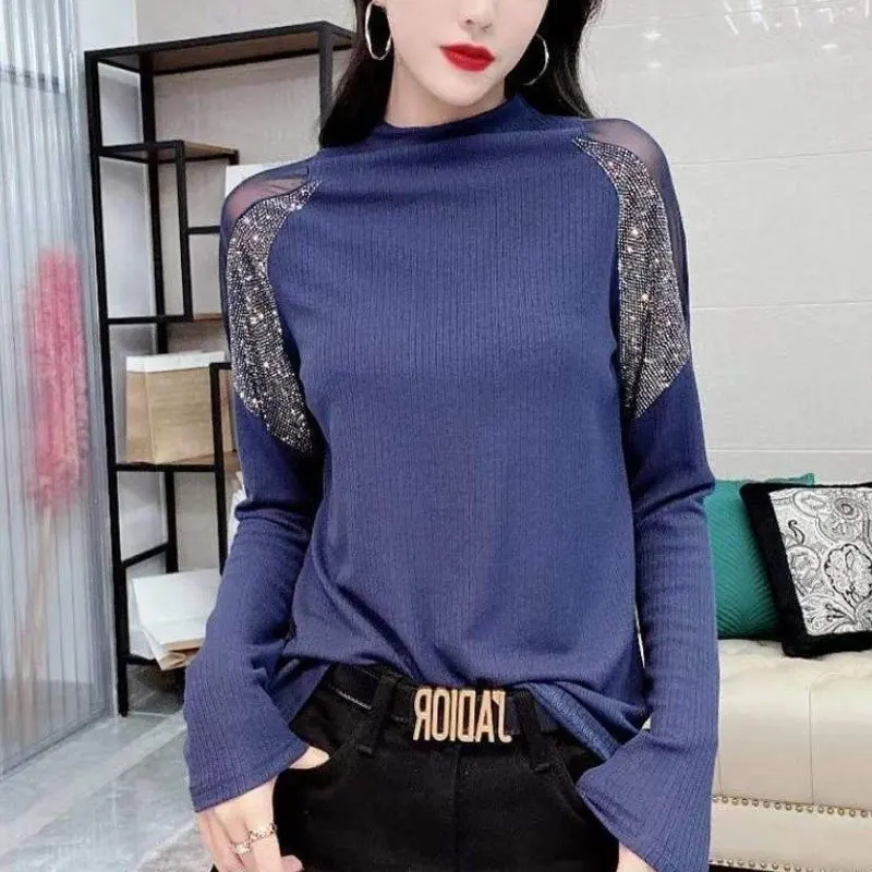 Fashion Gauze Spliced Diamonds T-shirt Women's Clothing Basic Solid Color Korean Autumn Winter Casual Half High Collar Pullovers