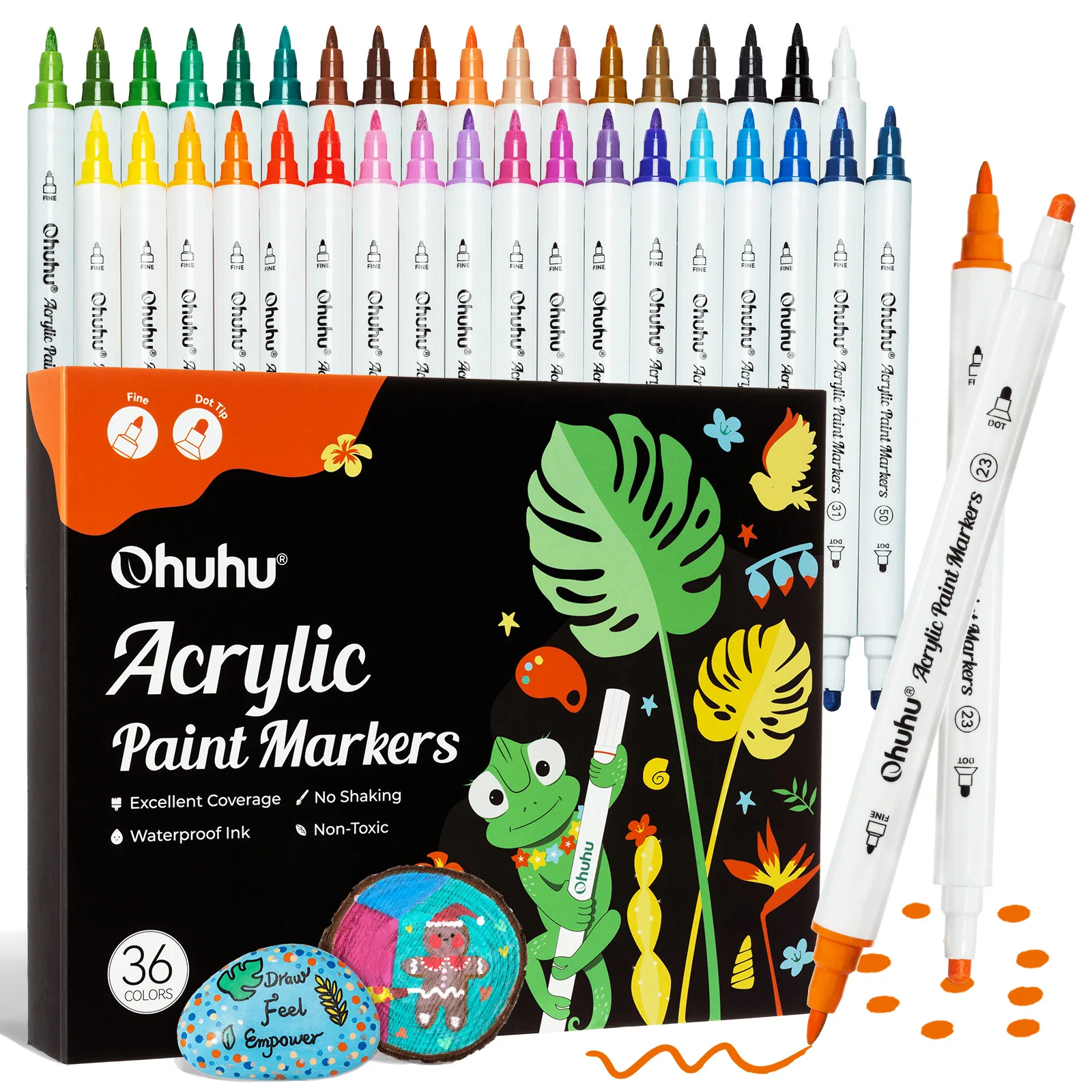 Ohuhu acrylverfstiften Katoenen kern 36-kleuren Dubbele tips Verfpennen Acrylstiften met hoge dichtheid Waterdichte lichtechte tekening