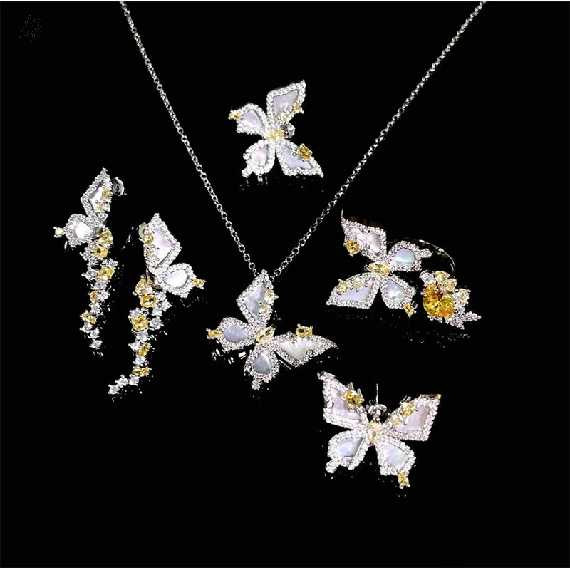 

Free Collocation Butterfly Series Jewelry Sets 18K Plated Copper Inlaid Gemstone Necklace Earring Studs Open Ring Accessories